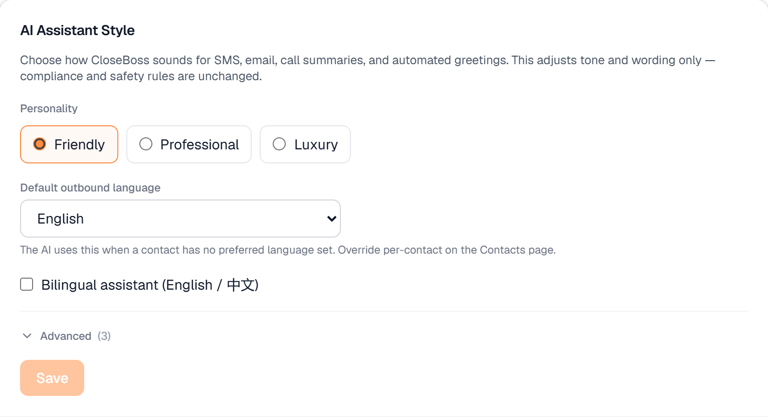 The AI Assistant Style card in Settings → Voice & Style