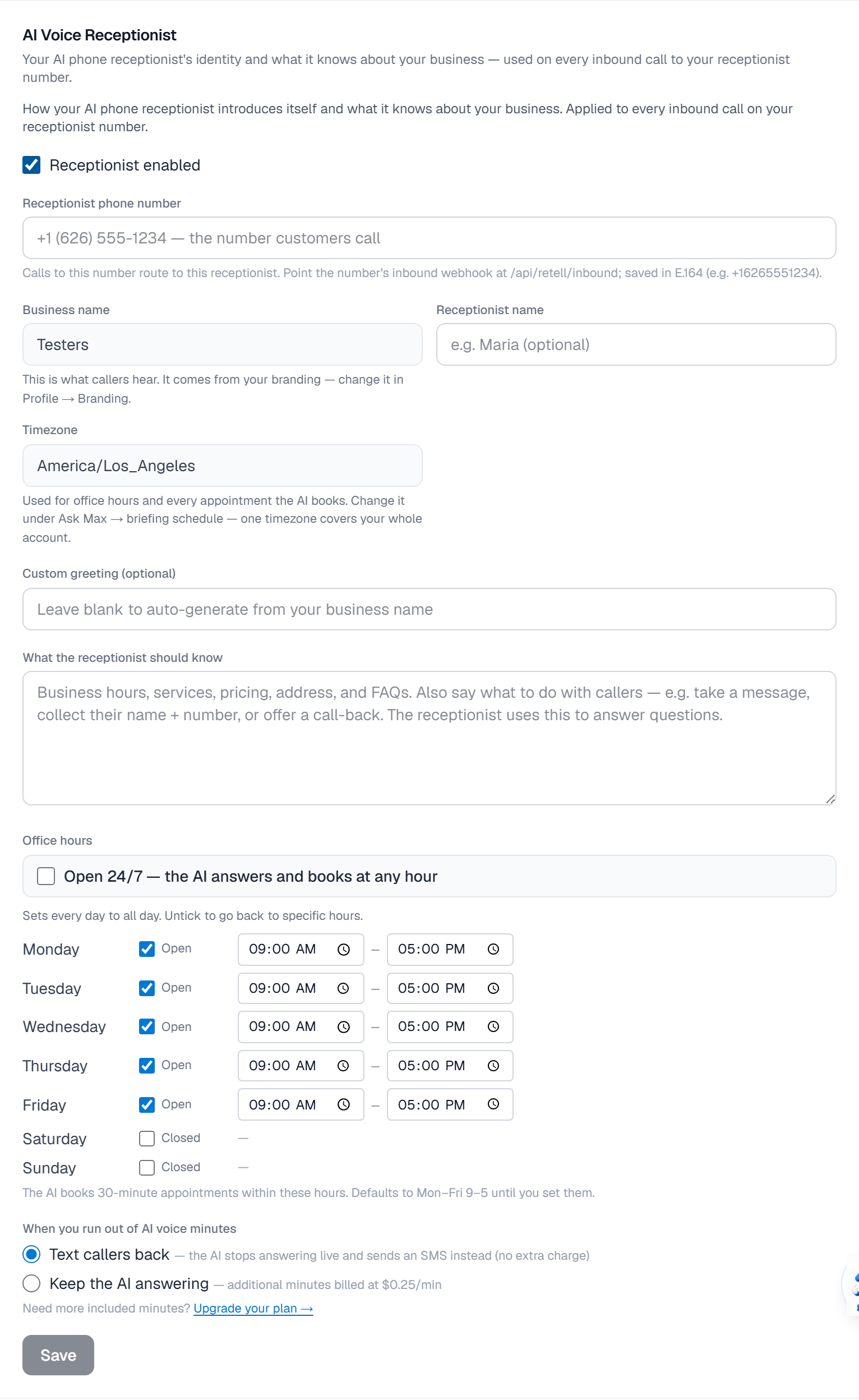 The AI Voice Receptionist card in Settings → Voice & Style