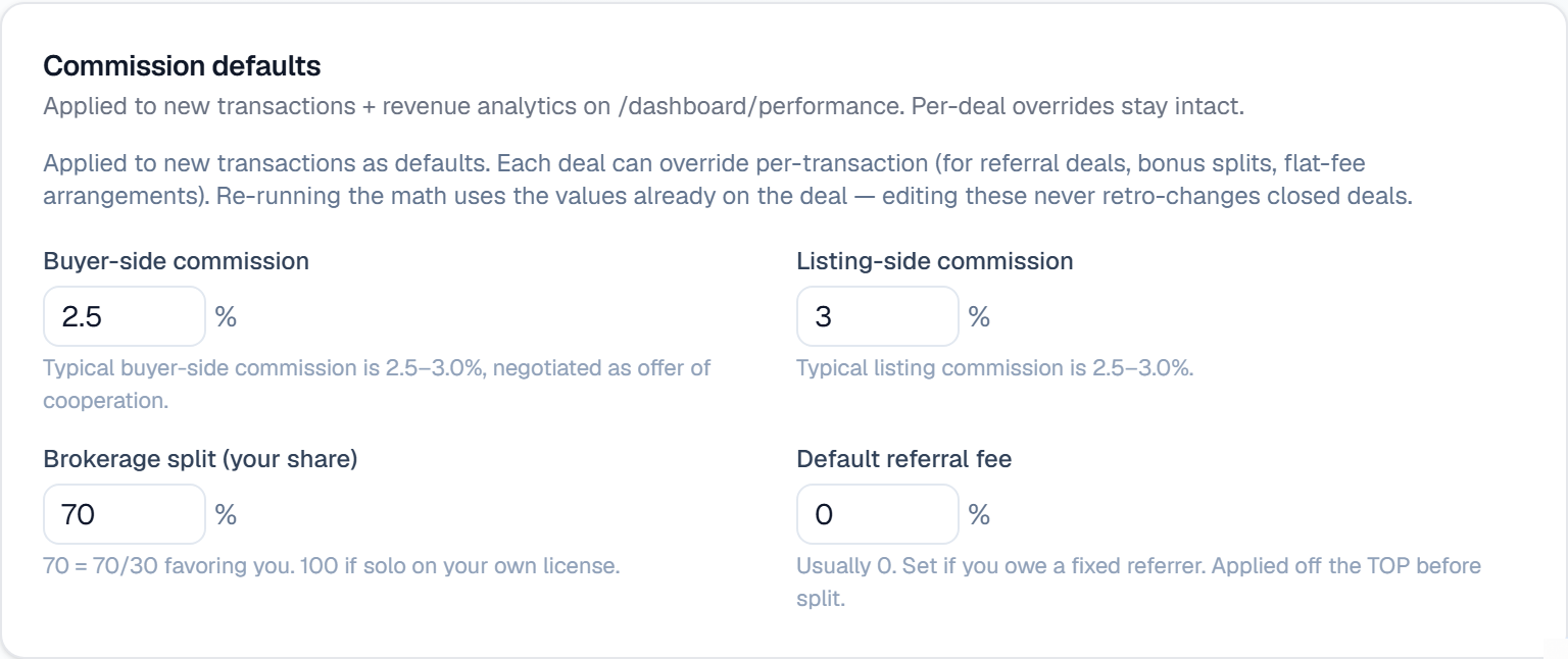 The Commission defaults card in Settings → Channels & Compliance