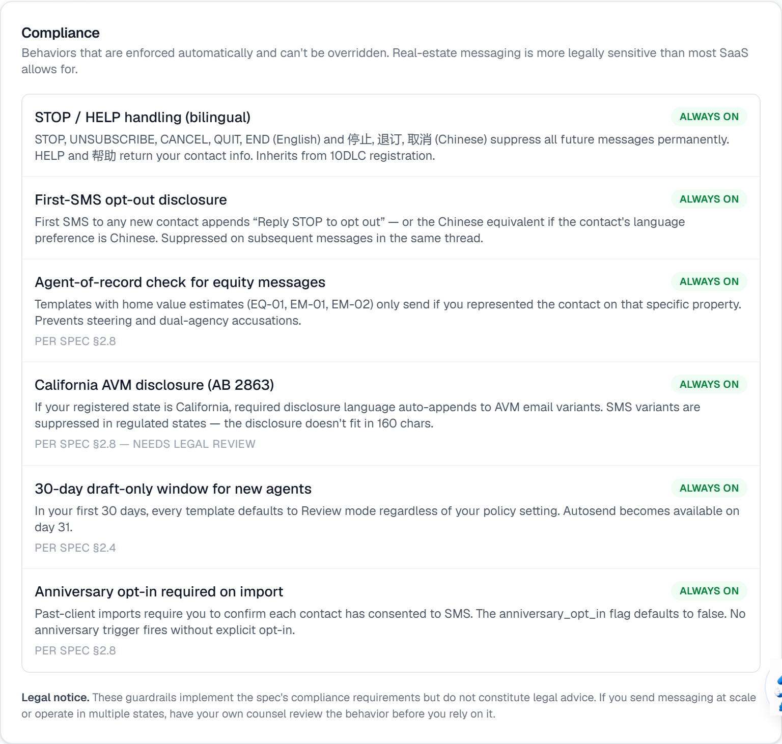 The Compliance card in Settings → Channels & Compliance