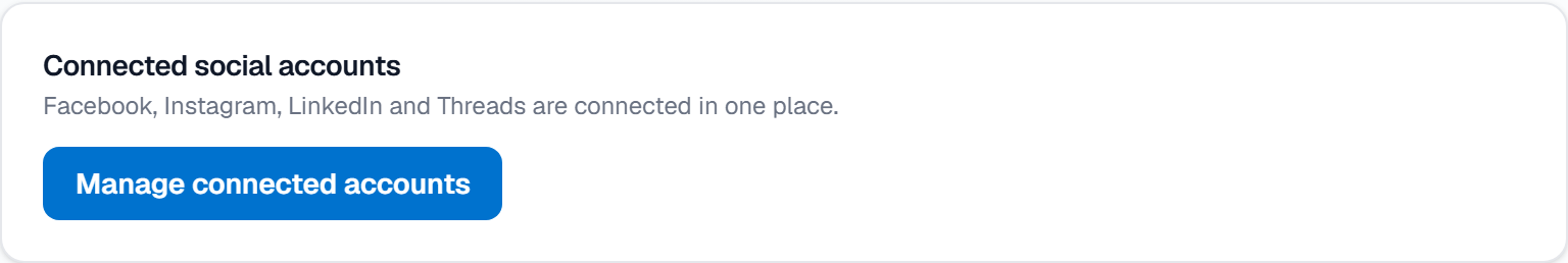 The Connected social accounts card in Settings → Channels & Compliance