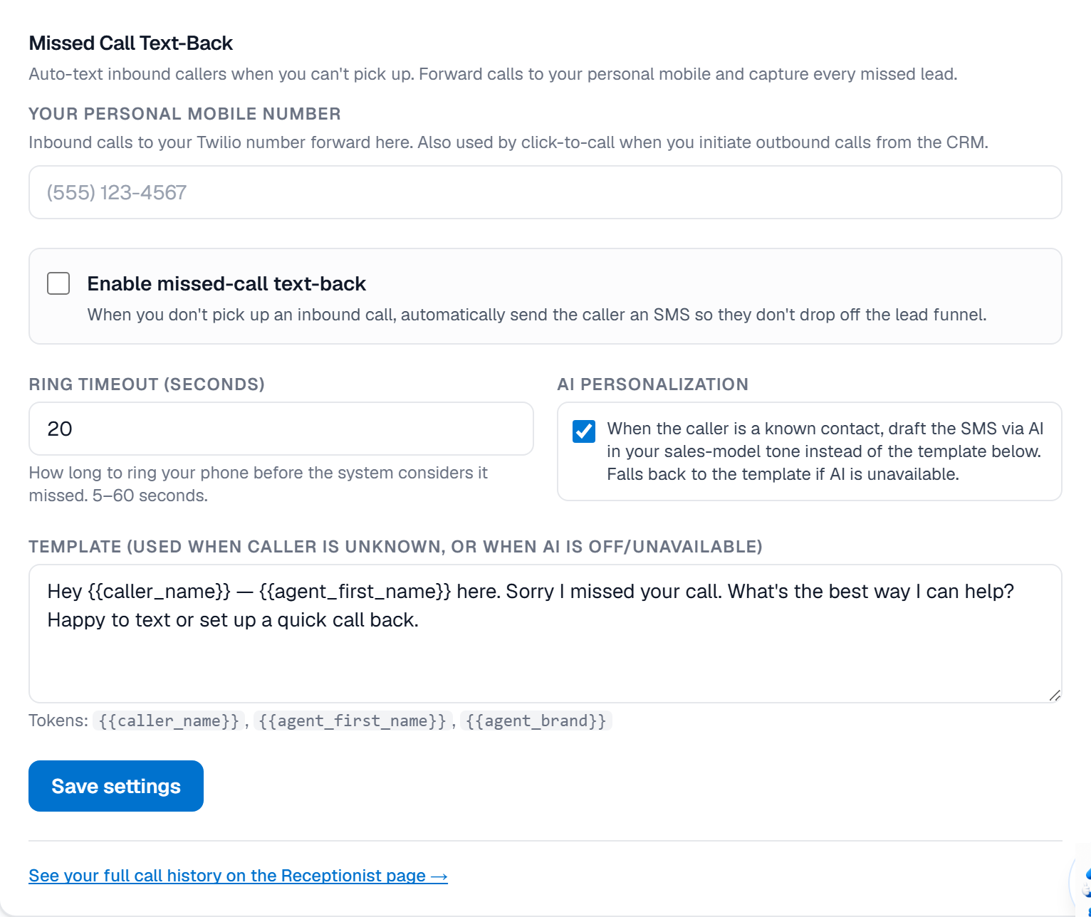 The Missed Call Text-Back card in Settings → Voice & Style