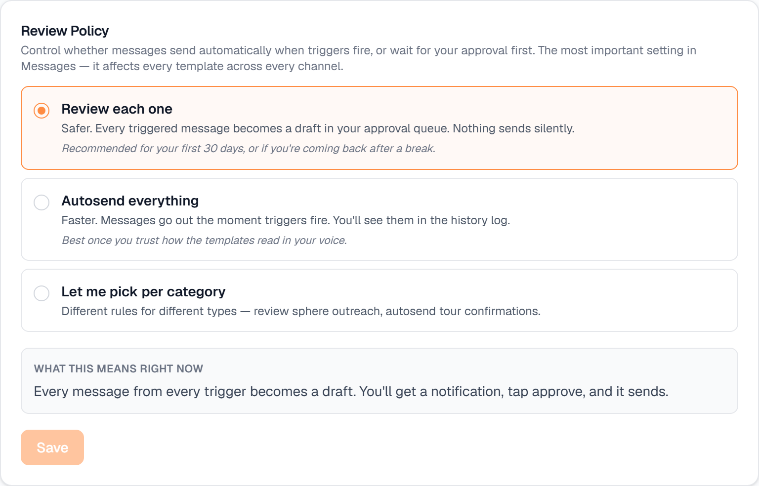 The Review Policy card in Settings → Messages