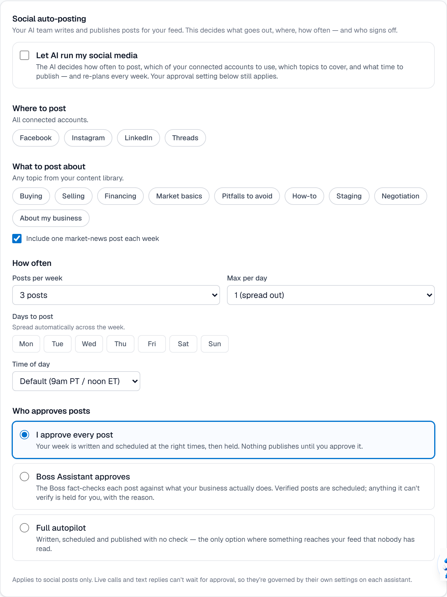 The Social auto-posting card in Settings → Channels & Compliance