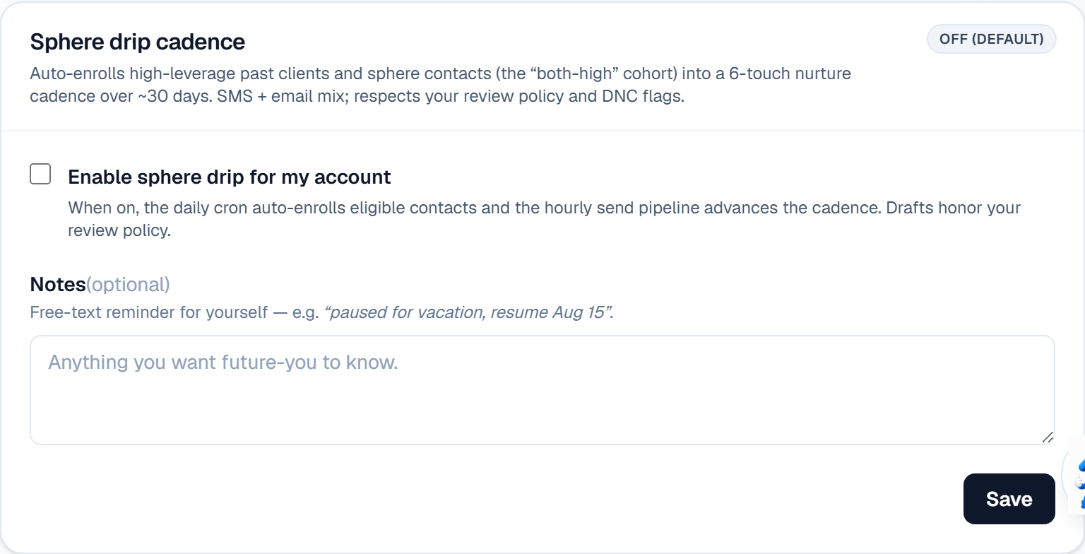 The Sphere drip cadence card in Settings → Messages