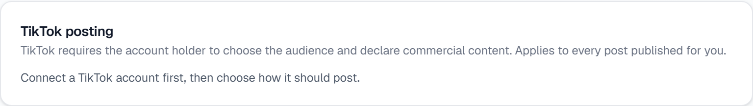 The TikTok posting card in Settings → Channels & Compliance