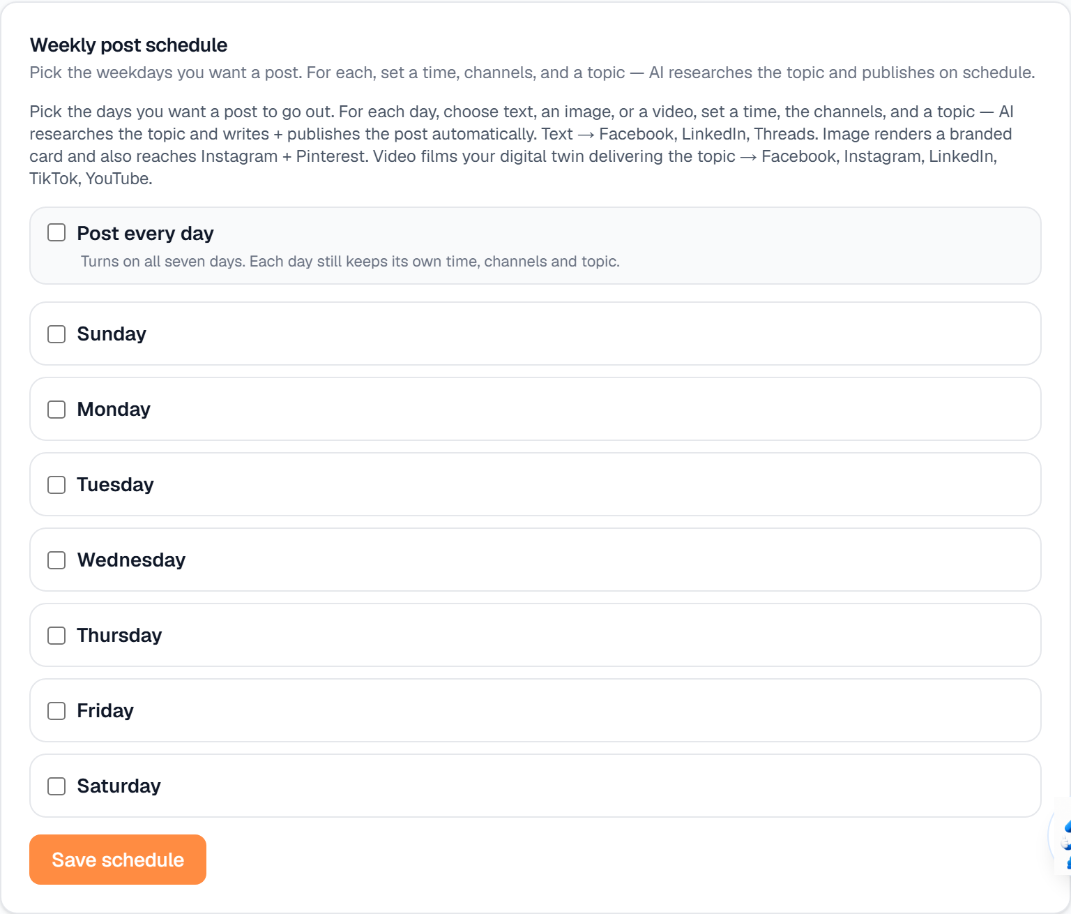 The Weekly post schedule card in Settings → Channels & Compliance